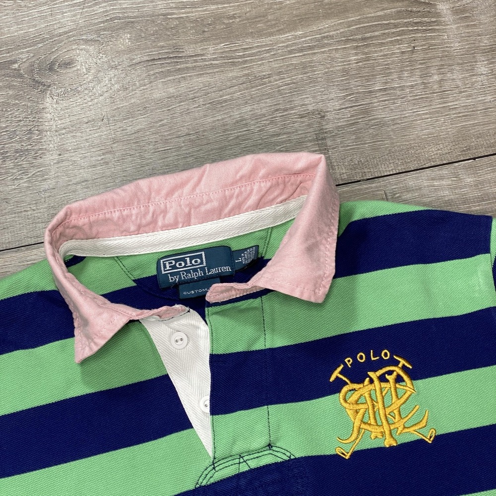 Polo Ralph Lauren Polo Shirt Mens Large Green Navy Striped Custom Fit Rugby Logo - Picture 2 of 16